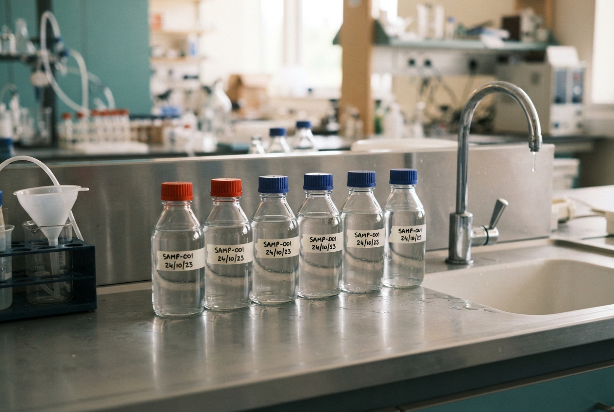 Six labeled sample bottles sit on a wet laboratory counter beside a sink and faucet.