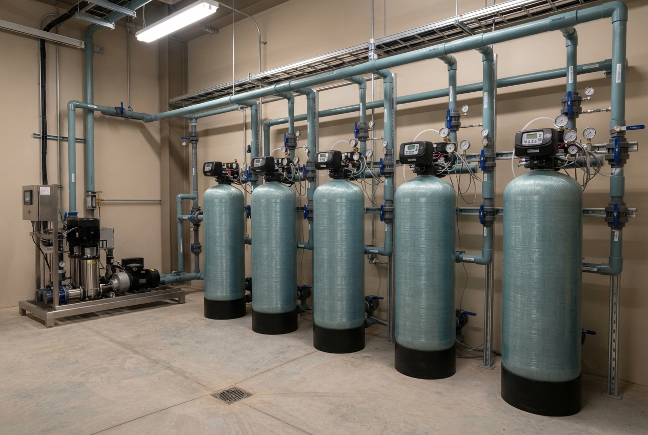 Five teal water-treatment tanks with control heads, gauges, pipes, valves, and a pump assembly in an industrial room.