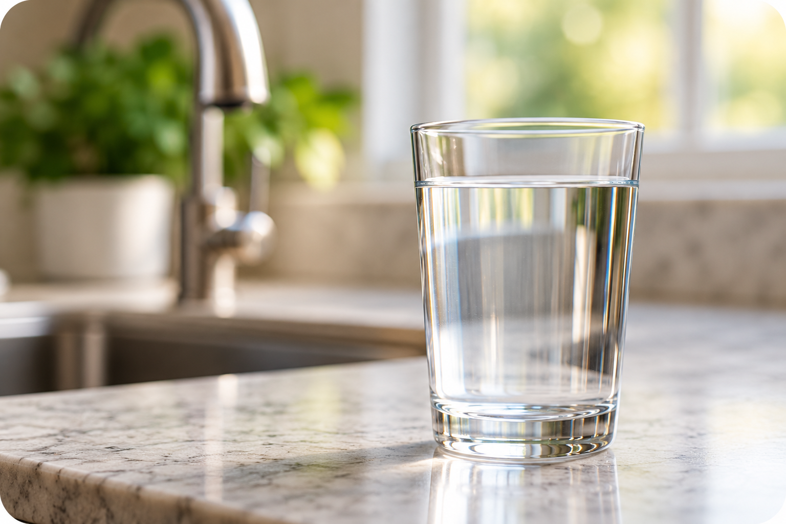 Clear glass of water on a glossy marble kitchen counter with a blurred faucet, plant, and sunny window behind it.