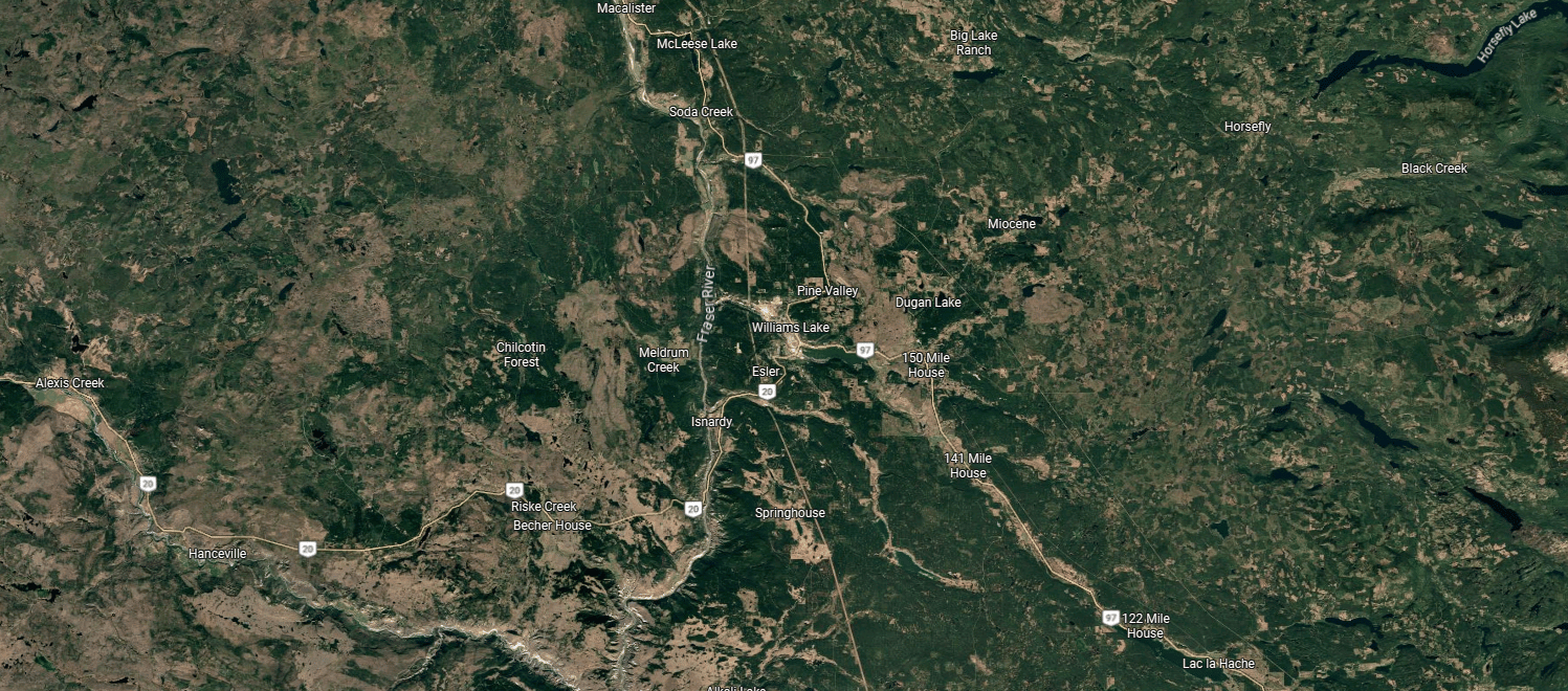 Satellite map of central British Columbia showing forests, roads, lakes, rivers, and labeled communities.